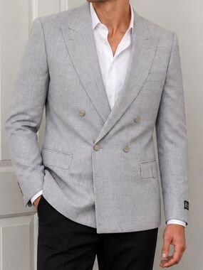 Vintage Pierre Balmain Double Breasted Blazer 40R Gray Wool Linen USA